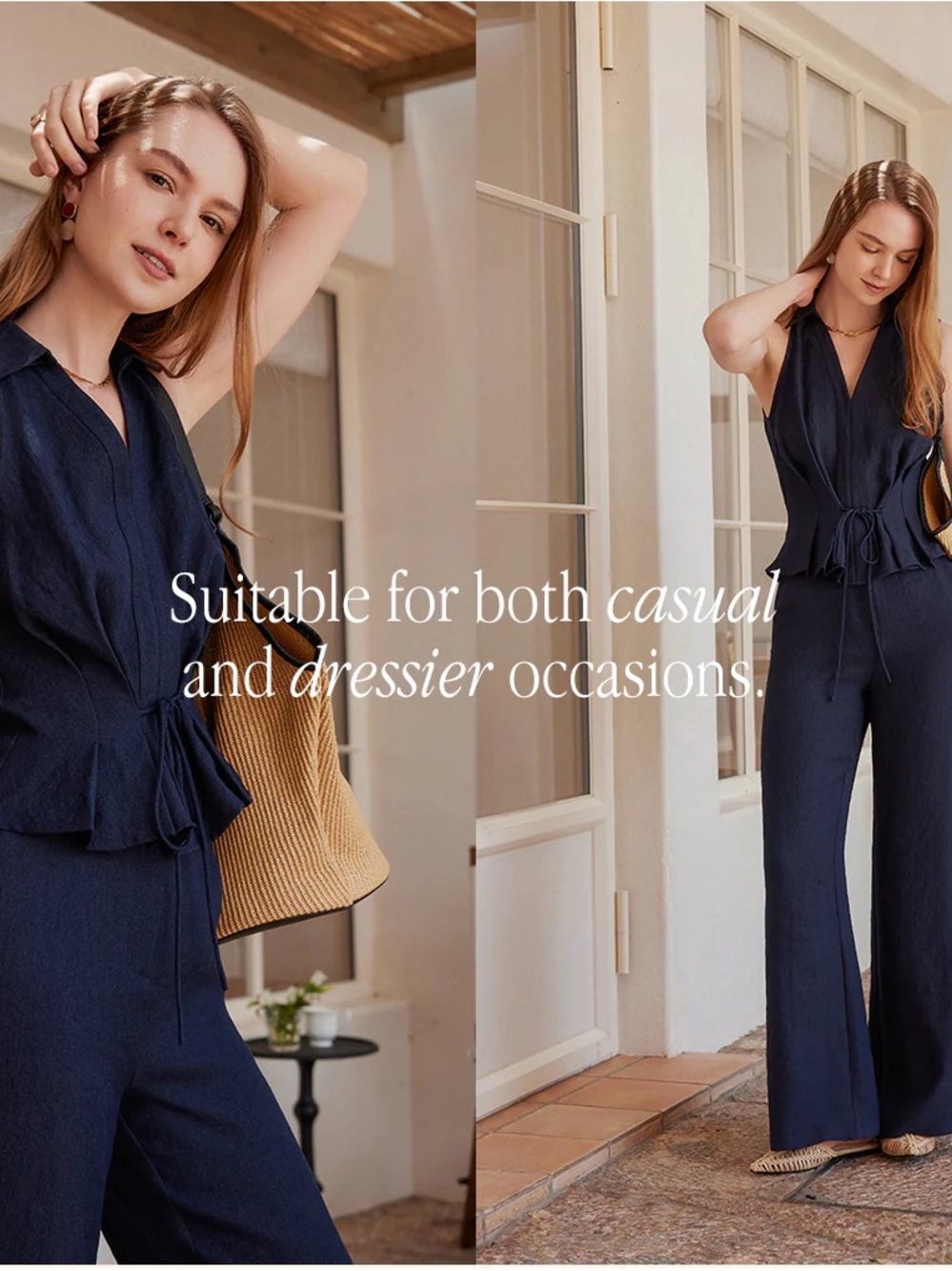 OGL Navy Sleeveless Wide-Leg top and pants set with Tie Waist